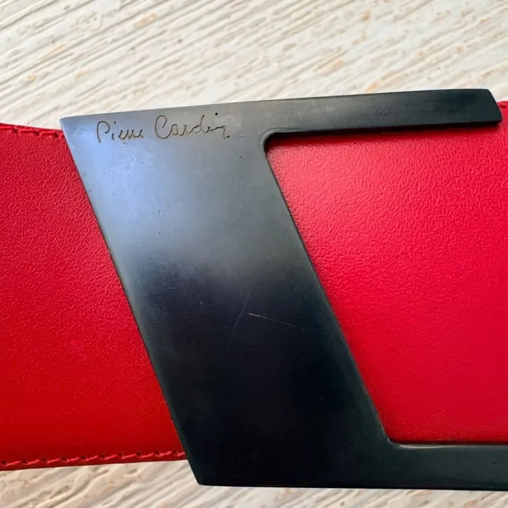 VTG Pierre Cardin Red Leather Metal Buckle Wide Belt Size 75